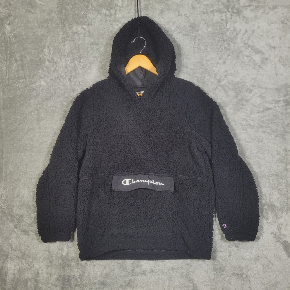 Champion Womens Large Sherpa Pullover Hoodie Black Soft Cozy Athleticwear